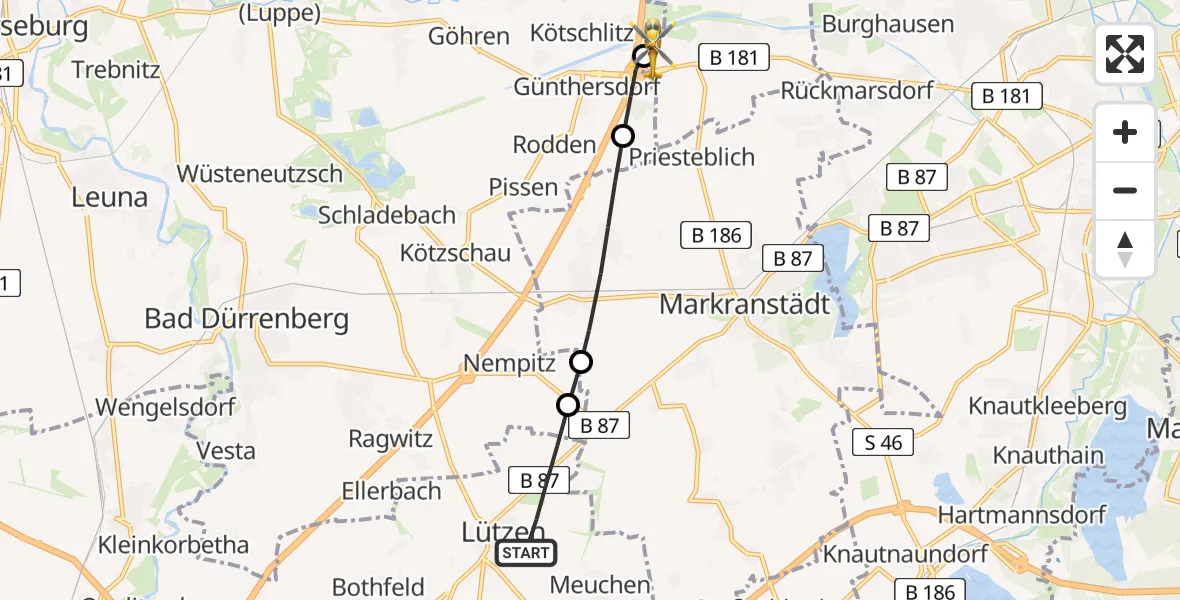 Flugroute Rettungshubschrauber Lützen - ADAC Air Rescue Station Leipzig/Schkeuditz-Dölzig Hubschrauberlandeplatz (Christoph 61), 23 Mai 2026, 10:01