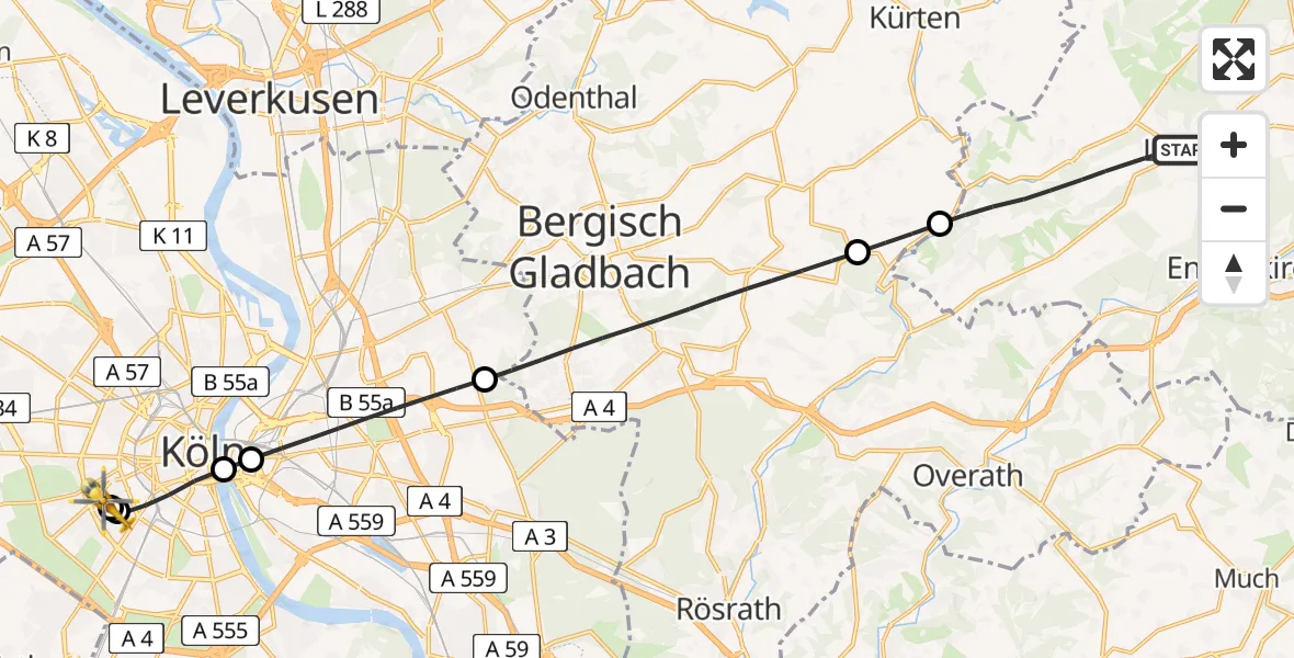 Flugroute Rettungshubschrauber Lindlar - Köln University Hospital, 23 Mai 2026, 10:07