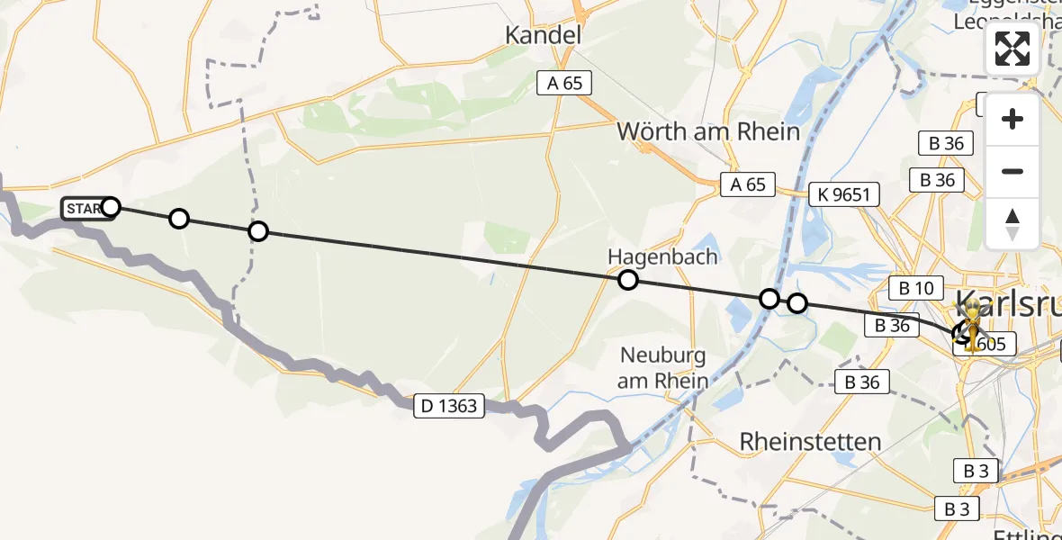 Flugroute Rettungshubschrauber Schweighofen - Sankt Vincentius Hospital, 23 Mai 2026, 10:09