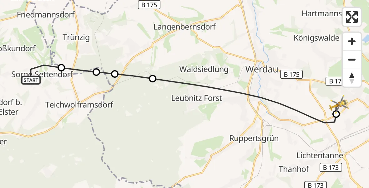 Flugroute Rettungshubschrauber Mohlsdorf-Teichwolframsdorf - ADAC Air Rescue Station Zwickau Hubschrauberlandeplatz, 23 Mai 2026, 10:14
