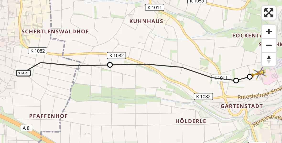 Flugroute Rettungshubschrauber Rutesheim - Leonberg Hospital, 23 Mai 2026, 10:20