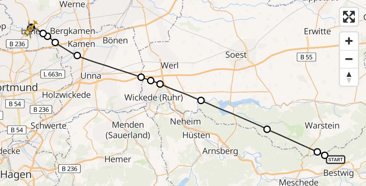 Flugroute Rettungshubschrauber Bestwig - Sankt Marien Hospital, 23 Mai 2026, 10:22