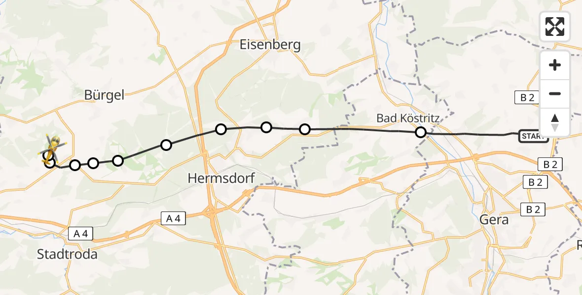 Flugroute Rettungshubschrauber Gera - Jena-Schöngleina Flugplatz, 23 Mai 2026, 10:22