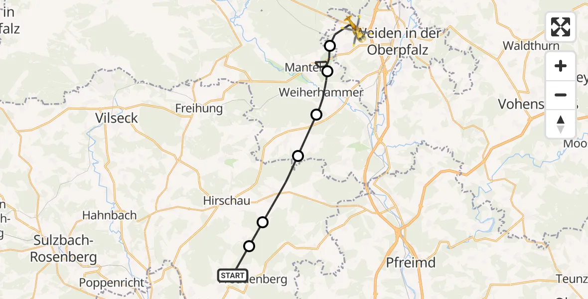 Flugroute Rettungshubschrauber Freudenberg - Weiden i.d.OPf., 23 Mai 2026, 10:30