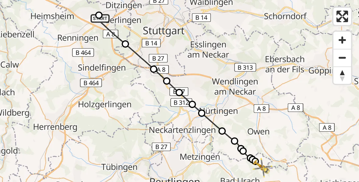 Flugroute Rettungshubschrauber Leonberg Hospital - Grabenstetten, 23 Mai 2026, 10:38