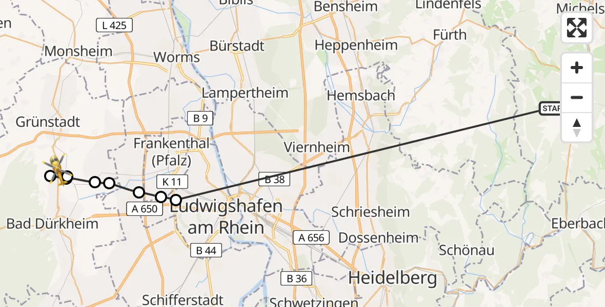 Flugroute Rettungshubschrauber Oberzent - Dackenheim, 23 Mai 2026, 10:41