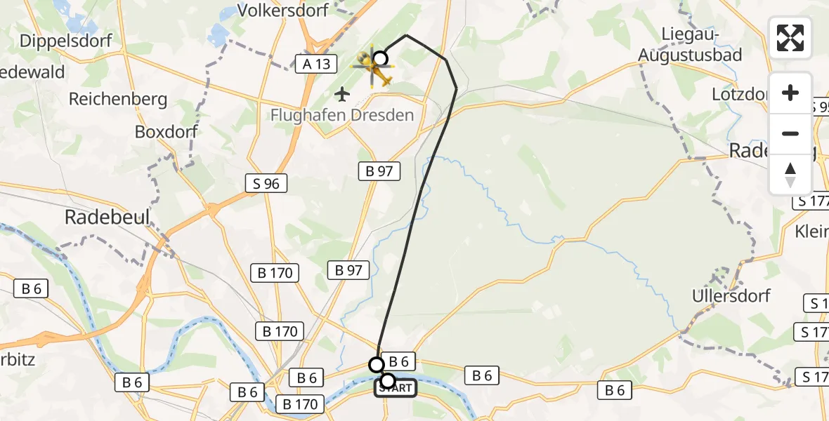 Flugroute Rettungshubschrauber Dresden University Hospital - Dresden Bundespolizei Hubschrauberlandeplatz, 23 Mai 2026, 10:44