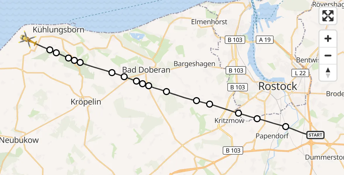 Flugroute Ambulanzhubschrauber Dummerstorf - Bastorf, 23 Mai 2026, 10:48