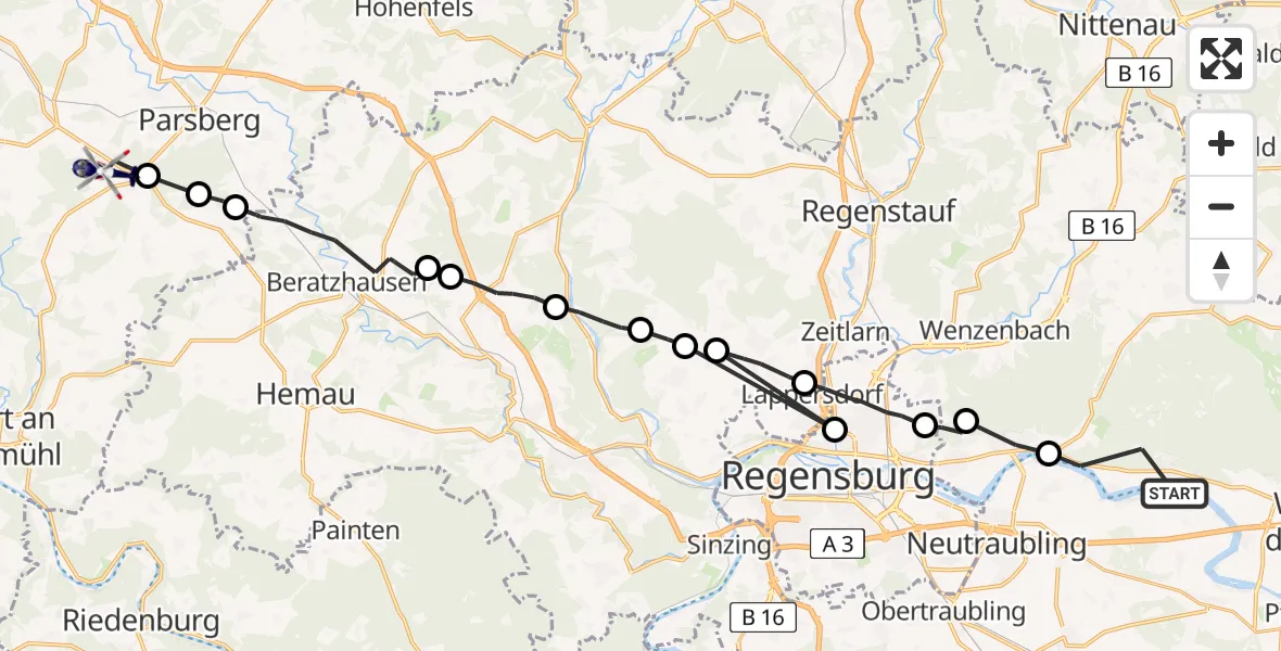 Flugroute Polizeihubschrauber Bach a.d.Donau - Seubersdorf i.d.OPf., 23 Mai 2026, 10:58