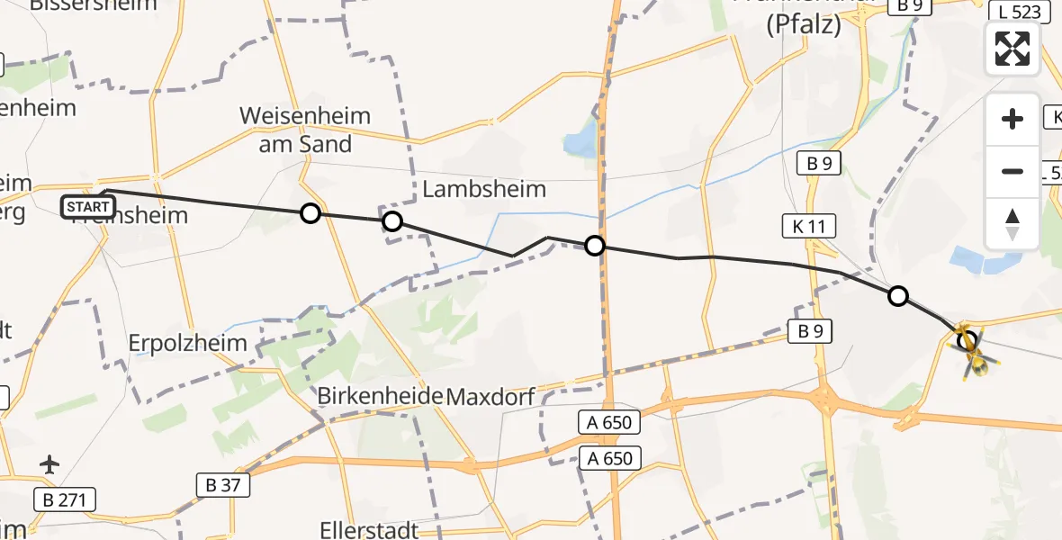 Flugroute Rettungshubschrauber Freinsheim - Ludwigshafen Accident Hospital, 23 Mai 2026, 11:07