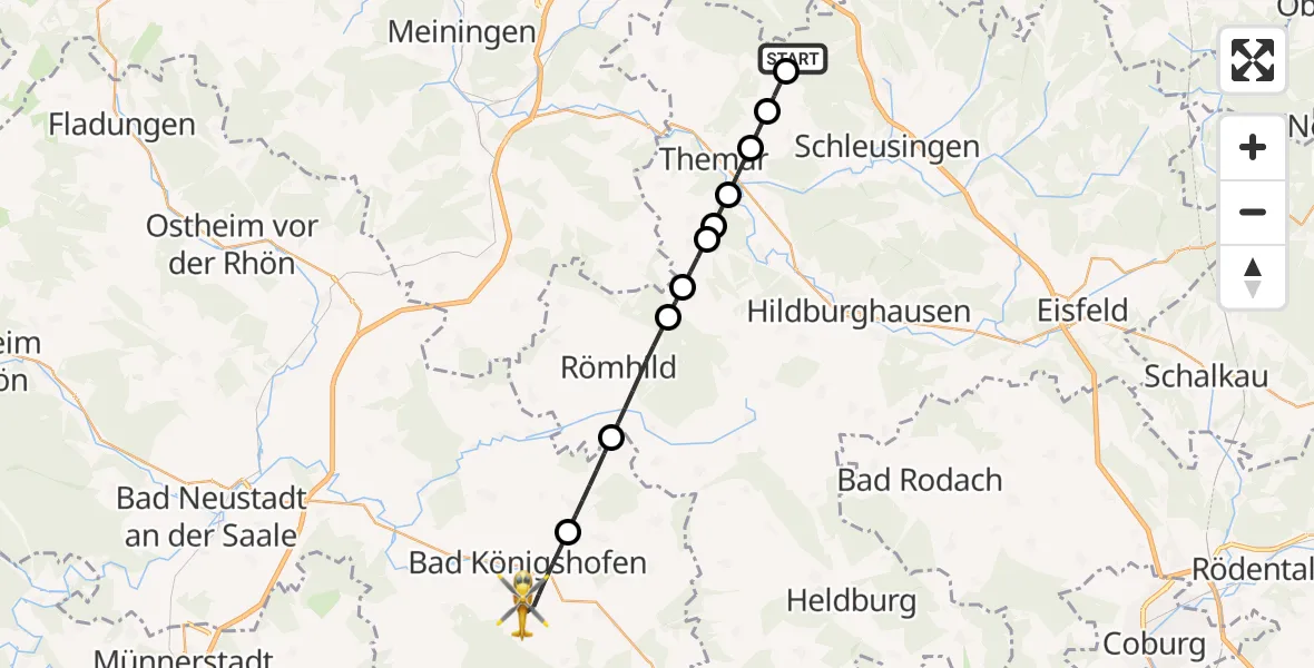 Flugroute Rettungshubschrauber Schleusingen - Bad Königshofen i.Grabfeld, 23 Mai 2026, 11:15