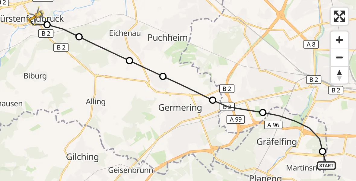 Flugroute Rettungshubschrauber DRF Air Rescue München Hubschrauberlandeplatz - Fürstenfeldbruck, 23 Mai 2026, 11:15