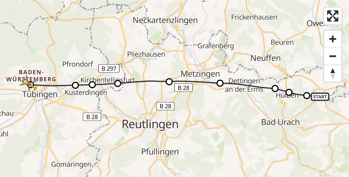 Flugroute Rettungshubschrauber Grabenstetten - Tübingen University Hospital, 23 Mai 2026, 11:18