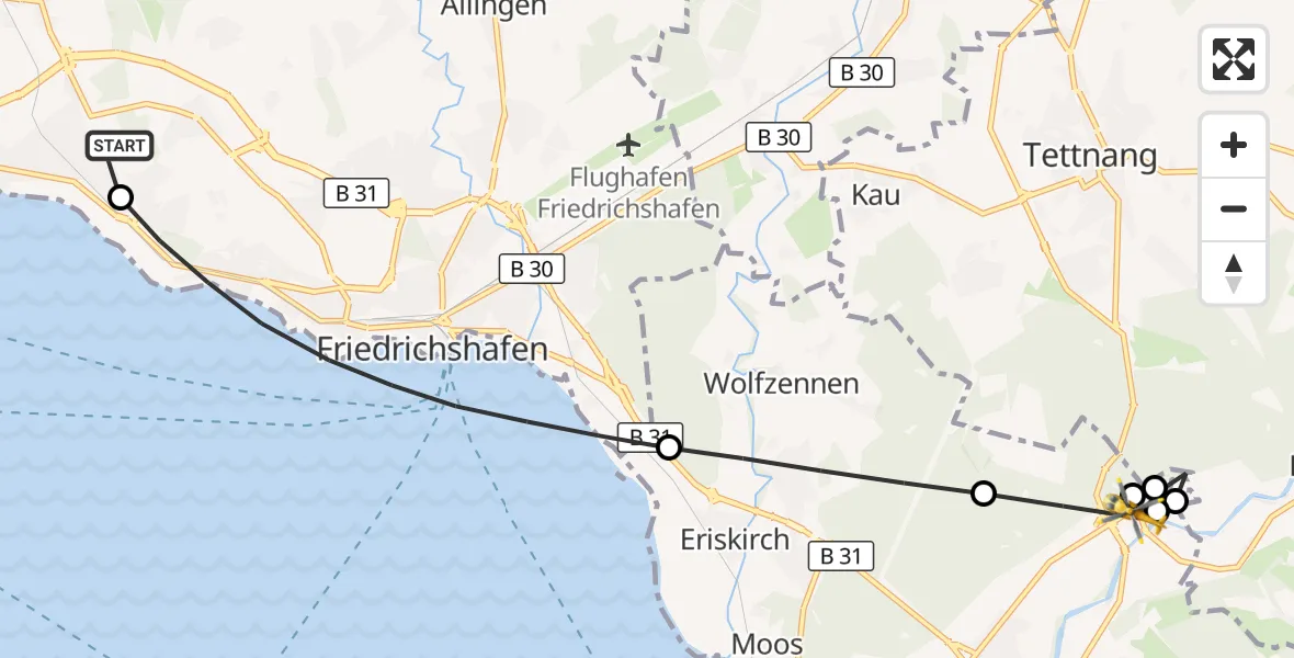 Flugroute Rettungshubschrauber Friedrichshafen Hospital - Kressbronn am Bodensee, 23 Mai 2026, 11:22