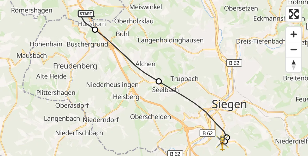 Flugroute Rettungshubschrauber Wenden - Evangelisches Jung-Stilling Hospital, 23 Mai 2026, 11:25