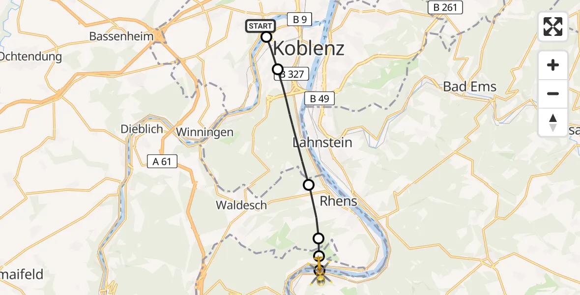 Flugroute Rettungshubschrauber Koblenz - Freiwillige Feuerwehr Osterspai Hubschrauberlandeplatz, 23 Mai 2026, 11:27