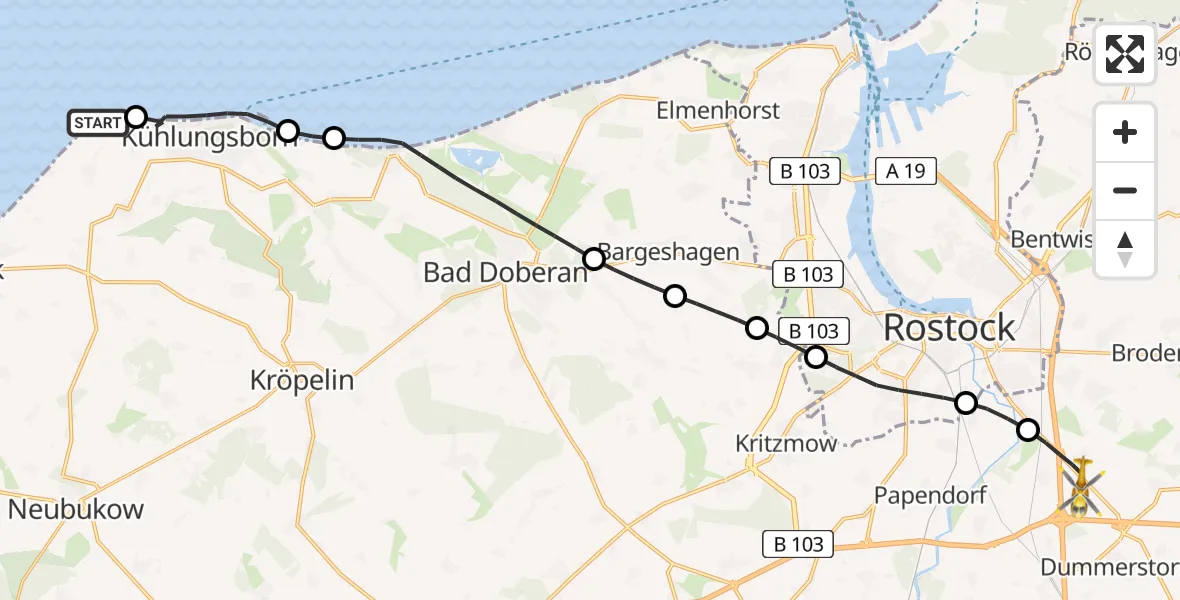 Flugroute Ambulanzhubschrauber Bastorf - Dummerstorf, 23 Mai 2026, 11:27