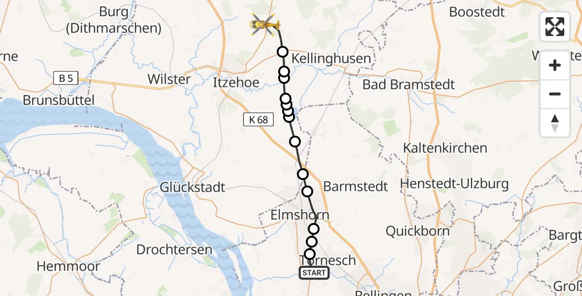 Flugroute Rettungshubschrauber Uetersen - Itzehoe Hungriger Wolf Flugplatz, 23 Mai 2026, 11:34