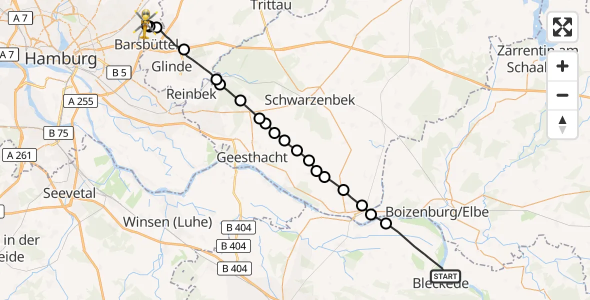Flugroute Rettungshubschrauber Bleckede - Wilhelmstift Catholic Children's Hospital, 23 Mai 2026, 11:36