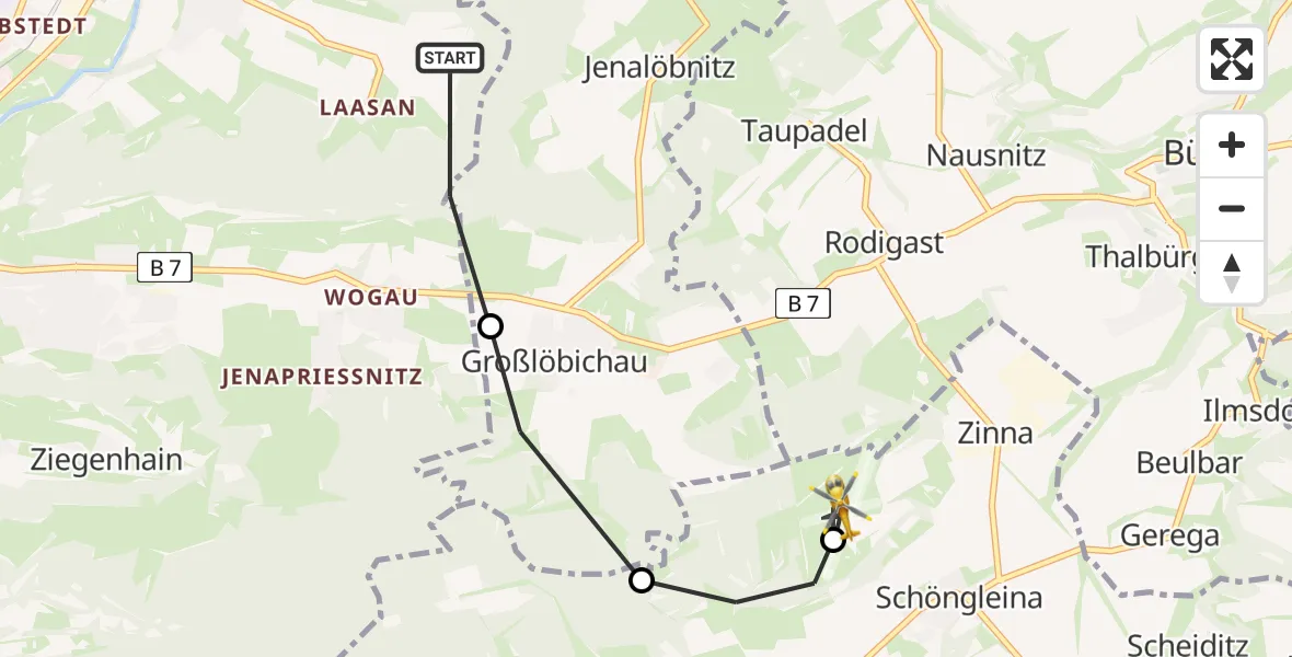 Flugroute Rettungshubschrauber Jena - Jena-Schöngleina Flugplatz, 23 Mai 2026, 11:37