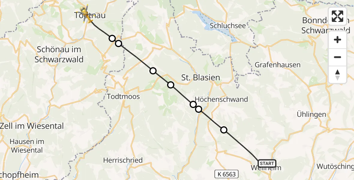 Flugroute Rettungshubschrauber Weilheim - Todtnau, 23 Mai 2026, 11:38