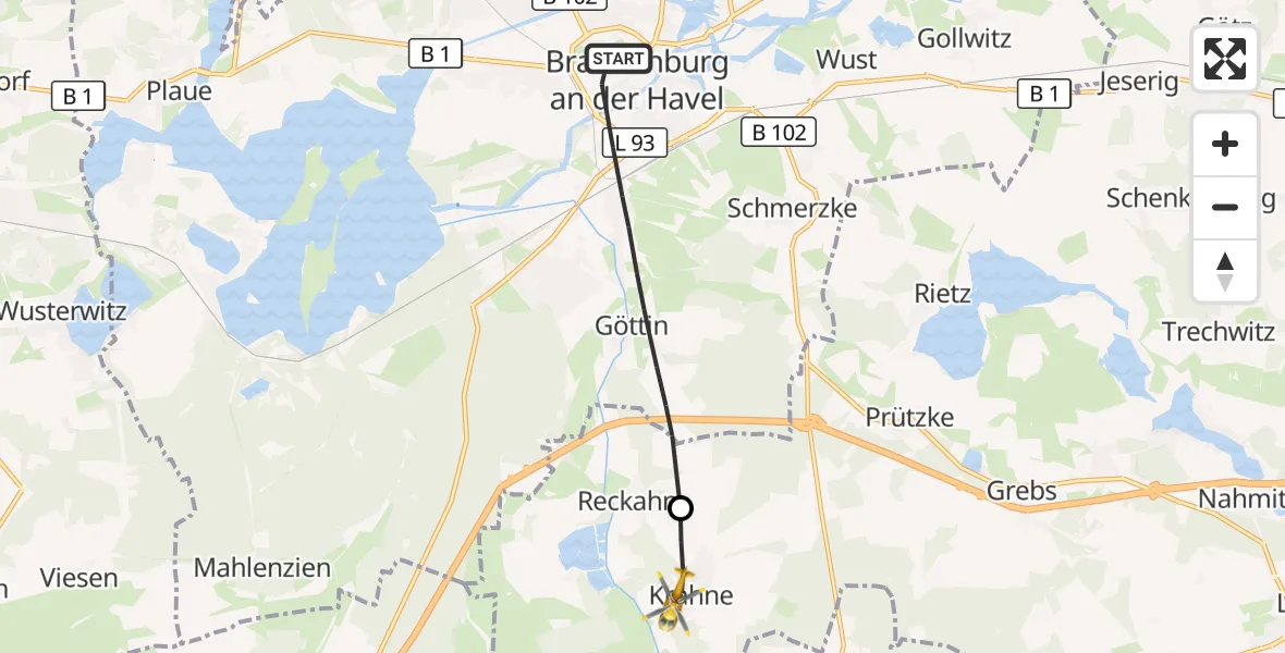 Flugroute Rettungshubschrauber Brandenburg an der Havel - Kloster Lehnin, 23 Mai 2026, 11:49