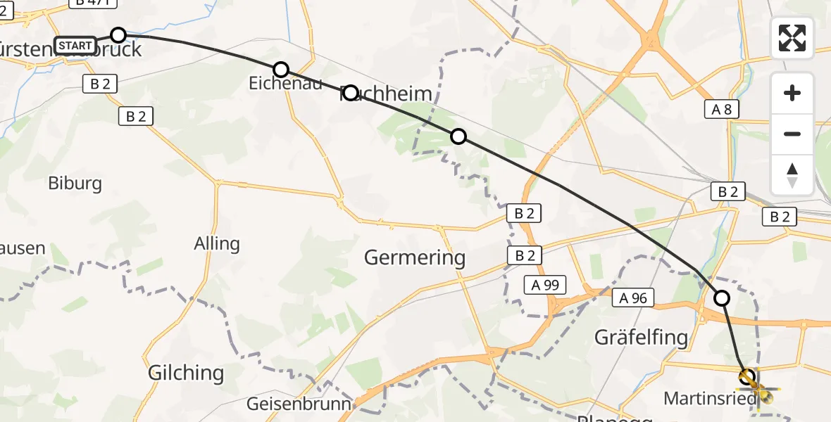 Flugroute Rettungshubschrauber Fürstenfeldbruck - DRF Air Rescue München Hubschrauberlandeplatz, 23 Mai 2026, 11:52