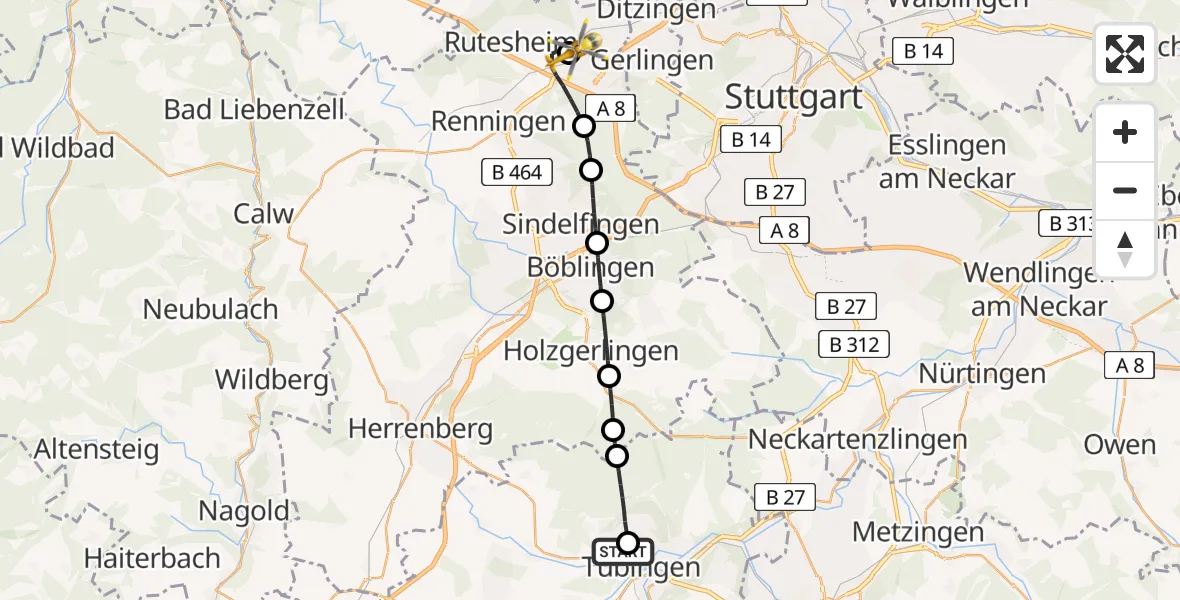 Flugroute Rettungshubschrauber Tübingen University Hospital - Leonberg Hospital, 23 Mai 2026, 11:55