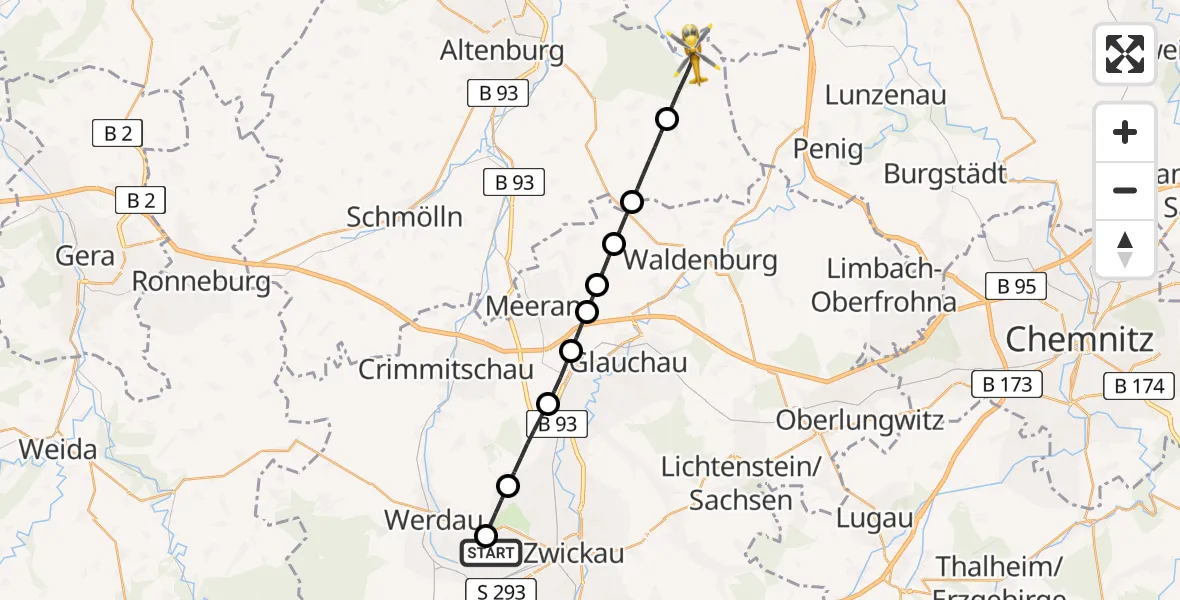 Flugroute Rettungshubschrauber ADAC Air Rescue Station Zwickau Hubschrauberlandeplatz - Langenleuba-Niederhain, 23 Mai 2026, 11:58