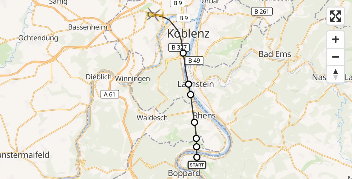 Flugroute Rettungshubschrauber Kamp-Bornhofen - Koblenz, 23 Mai 2026, 12:00