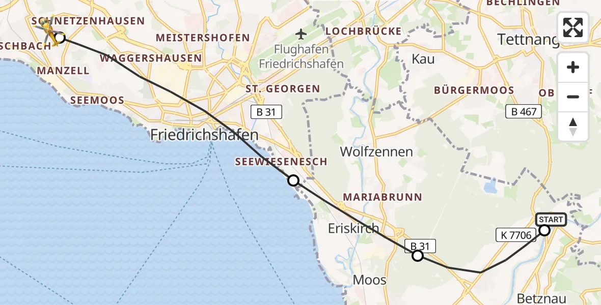 Flugroute Rettungshubschrauber Kressbronn am Bodensee - Friedrichshafen Hospital, 23 Mai 2026, 12:04