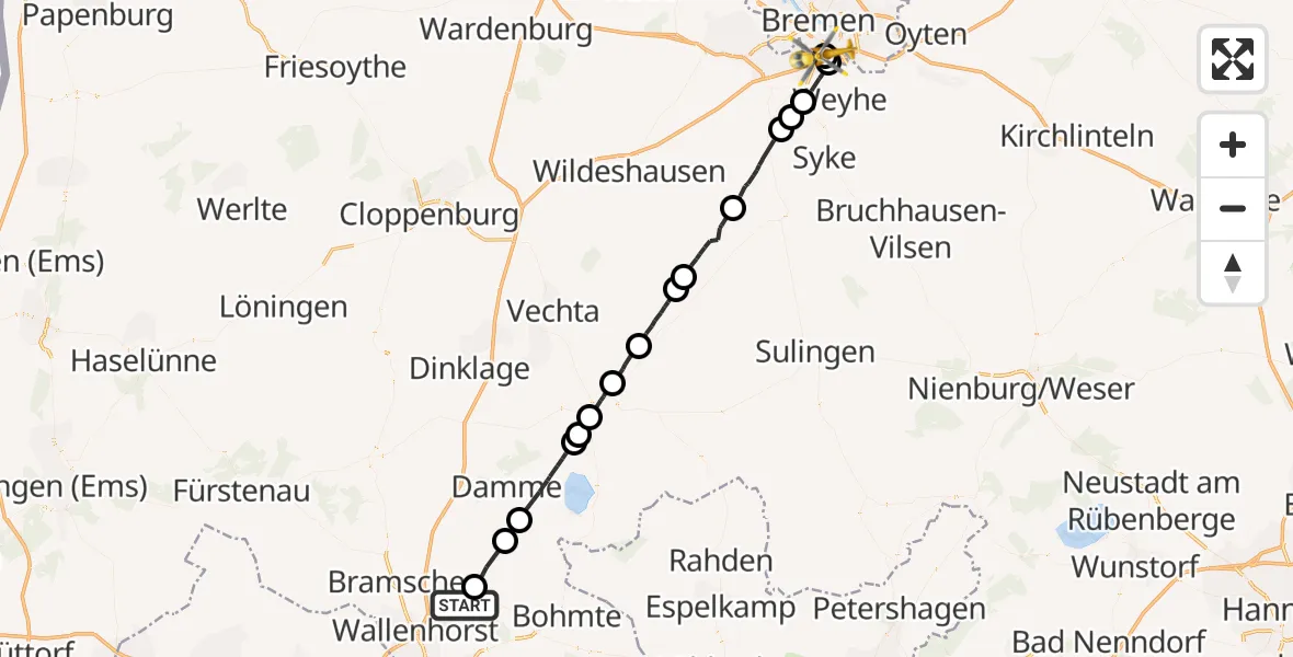 Flugroute Rettungshubschrauber Bramsche - ADAC Air Rescue Station Bremen Hubschrauberlandeplatz (Christoph 6), 23 Mai 2026, 12:08