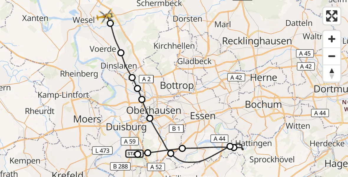 Flugroute Rettungshubschrauber Duisburg Air Rescue Hubschrauberlandeplatz (Christoph 9) - Wesel, 23 Mai 2026, 12:13