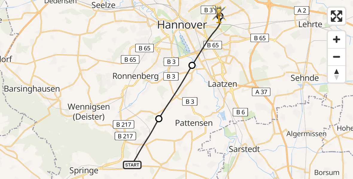 Flugroute Rettungshubschrauber Springe - Hannover Luftrettung Hubschrauberlandeplatz (Christoph 4), 23 Mai 2026, 12:16