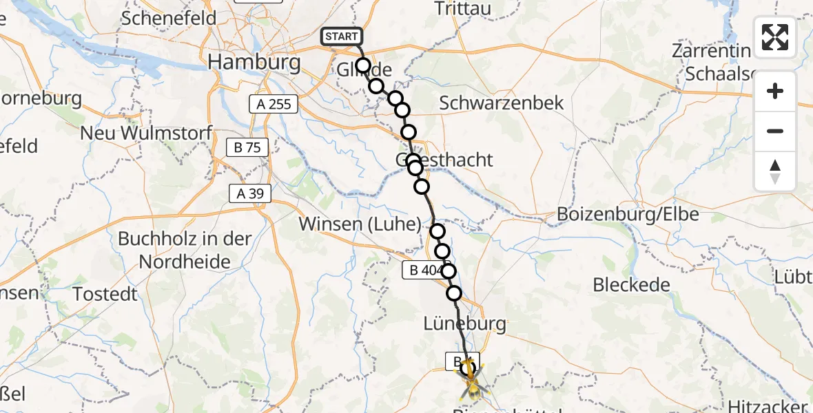 Flugroute Rettungshubschrauber Barsbüttel - Melbeck, 23 Mai 2026, 12:17