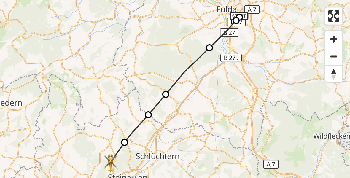 Flugroute Rettungshubschrauber Fulda Hospital - Steinau an der Straße, 23 Mai 2026, 12:22