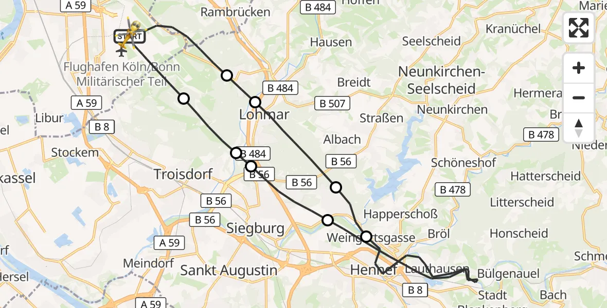 Flugroute Rettungshubschrauber Köln Bonn Flughafen - Köln Bonn Flughafen, 23 Mai 2026, 12:23