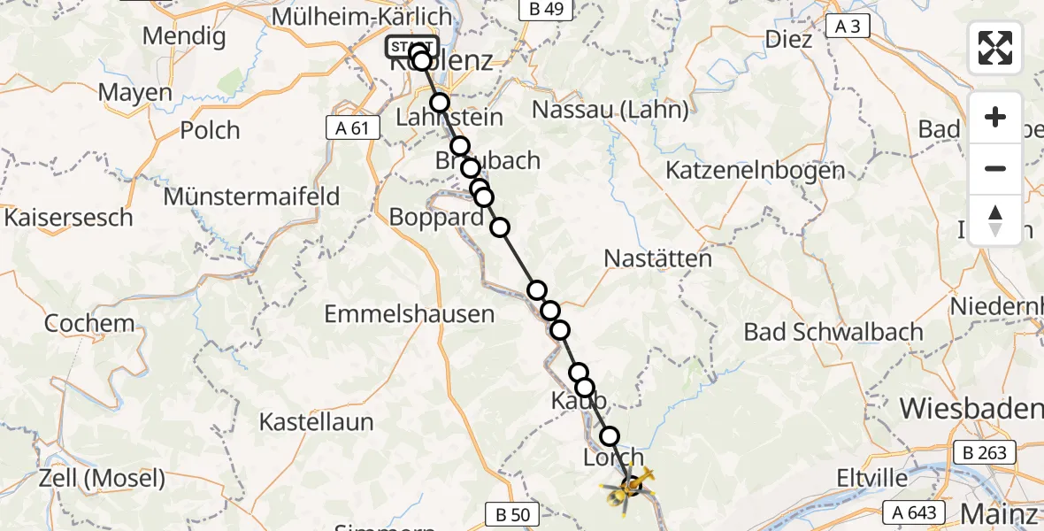 Flugroute Rettungshubschrauber Koblenz - Niederheimbach, 23 Mai 2026, 12:25