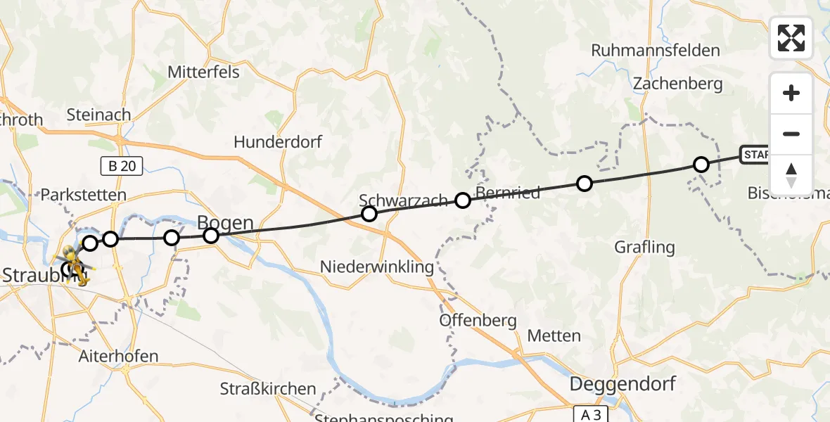 Flugroute Rettungshubschrauber Bischofsmais - Sankt Elisabeth Hospital Straubing, 23 Mai 2026, 12:27