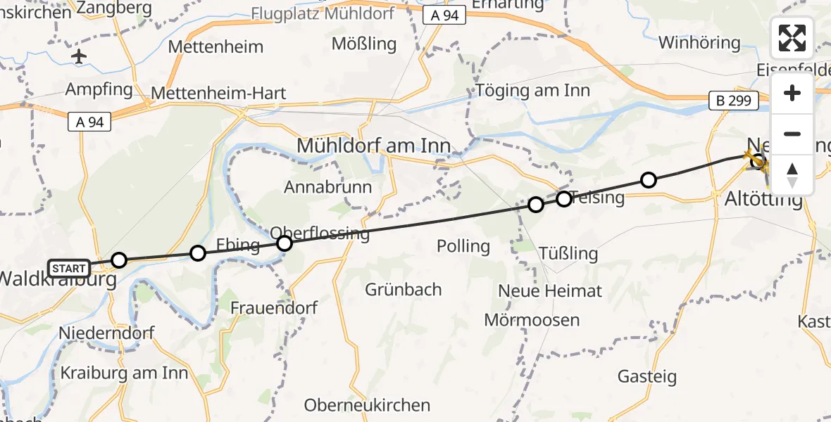 Flugroute Rettungshubschrauber Waldkraiburg - Altötting-Burghausen District Hospital Altötting, 23 Mai 2026, 12:30