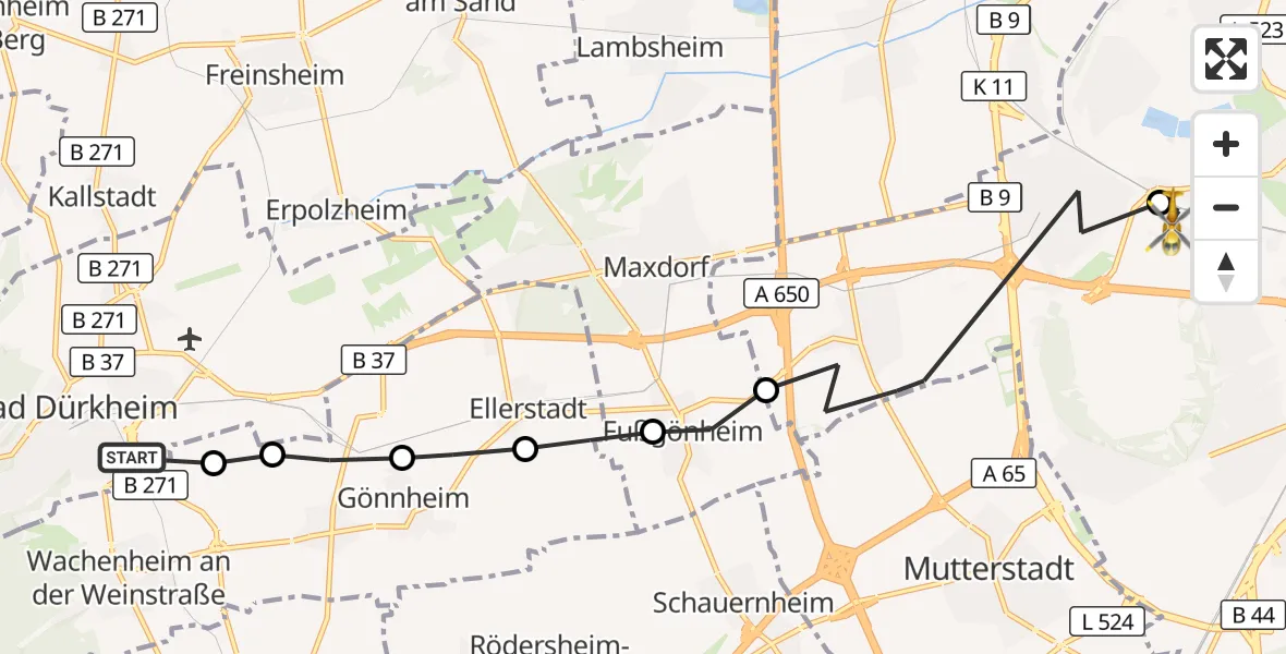 Flugroute Rettungshubschrauber Bad Dürkheim - Ludwigshafen Accident Hospital, 23 Mai 2026, 12:32