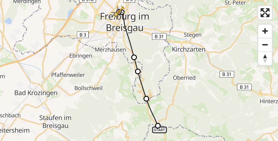 Flugroute Rettungshubschrauber Todtnau - Freiburg University Hospital Heliport 1, 23 Mai 2026, 12:34