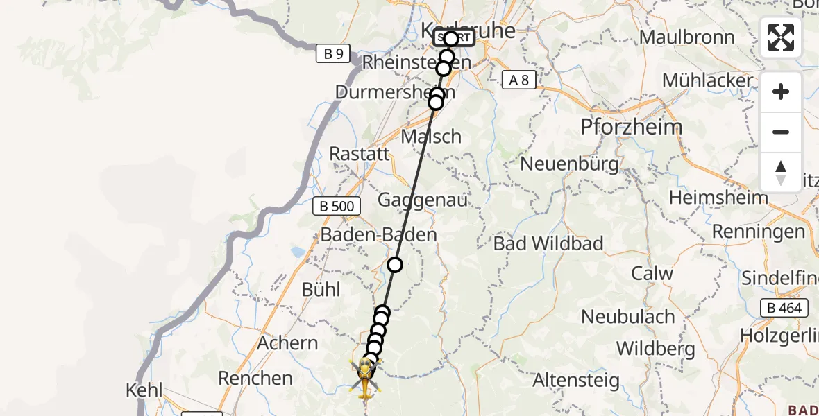 Flugroute Rettungshubschrauber Sankt Vincentius Hospital - Seebach, 23 Mai 2026, 12:40