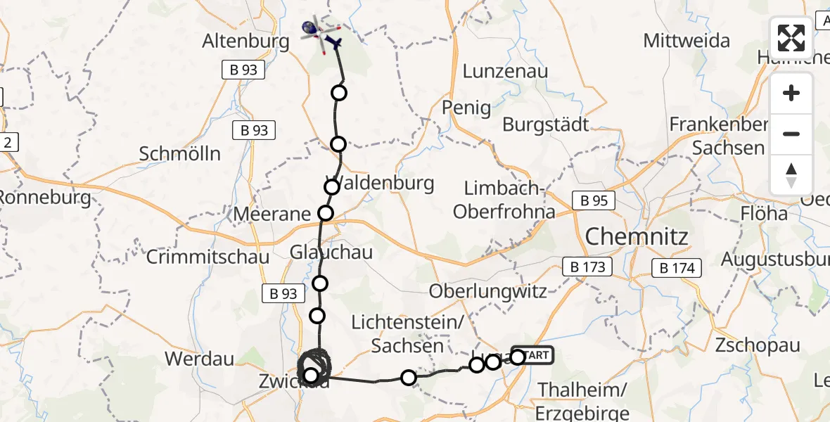 Flugroute Polizeihubschrauber Niederdorf - Langenleuba-Niederhain, 23 Mai 2026, 12:40