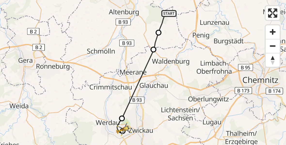 Flugroute Rettungshubschrauber Langenleuba-Niederhain - ADAC Air Rescue Station Zwickau Hubschrauberlandeplatz, 23 Mai 2026, 12:41