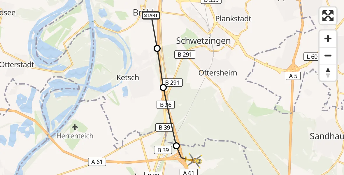 Flugroute Rettungshubschrauber Brühl - Hockenheim, 23 Mai 2026, 12:50