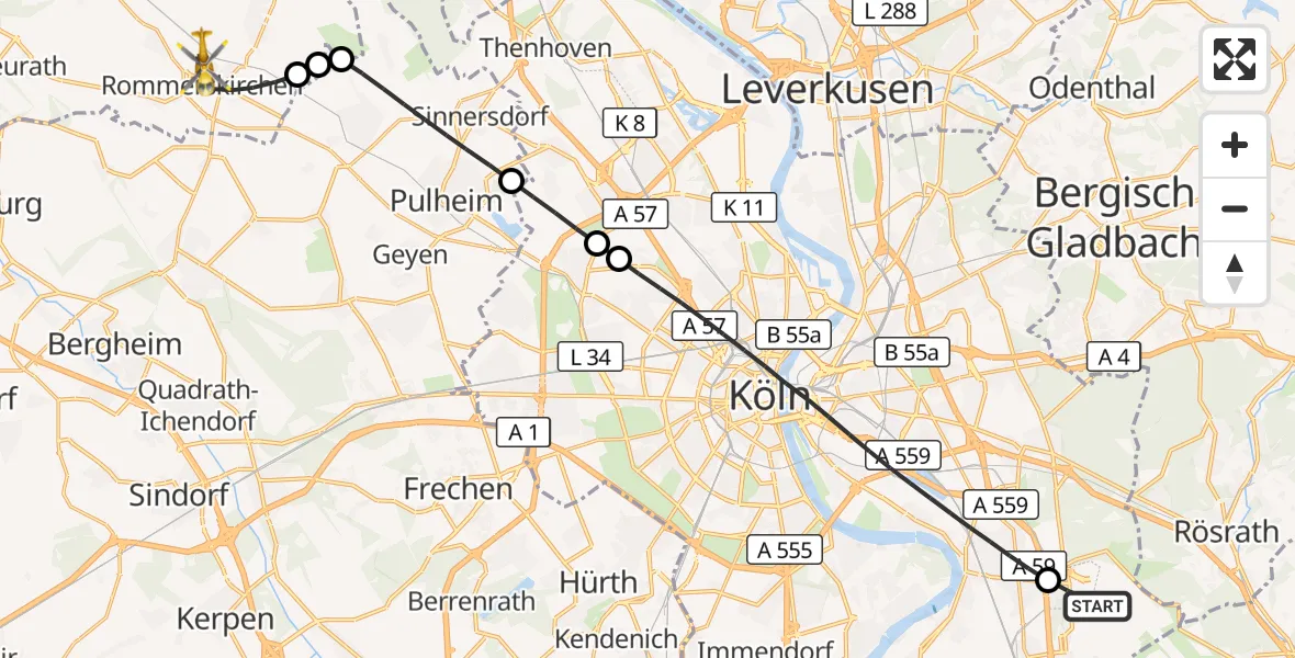 Flugroute Rettungshubschrauber Köln Bonn Flughafen - Rommerskirchen, 23 Mai 2026, 12:50