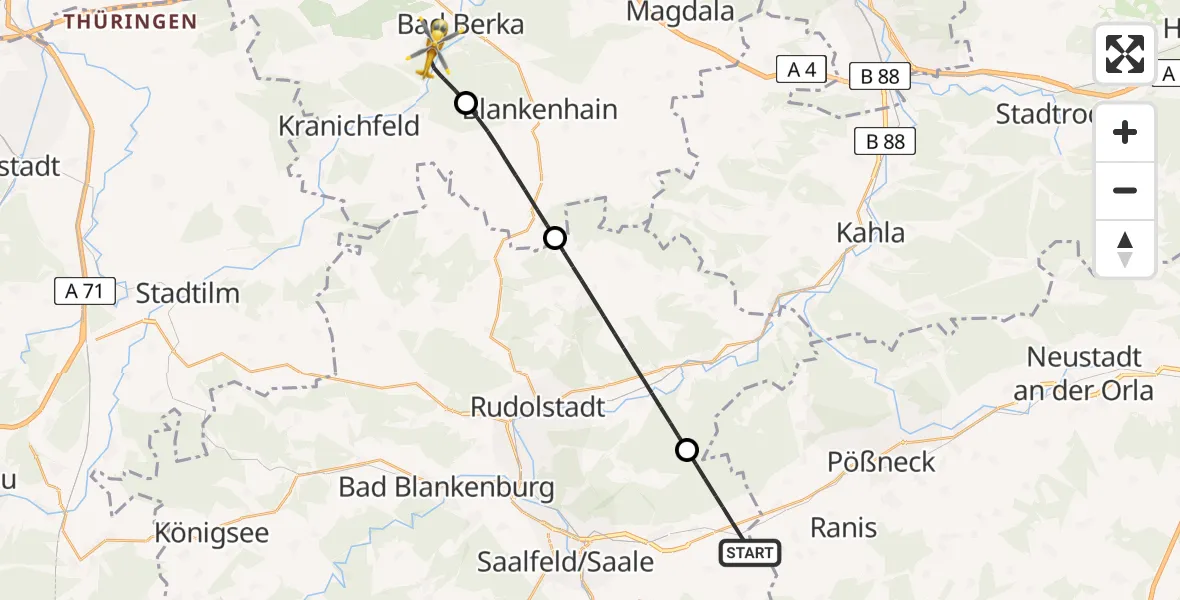 Flugroute Ambulanzhubschrauber Unterwellenborn - DRF Rettungsstation Bad Berka Hubschrauberlandeplatz, 23 Mai 2026, 12:50