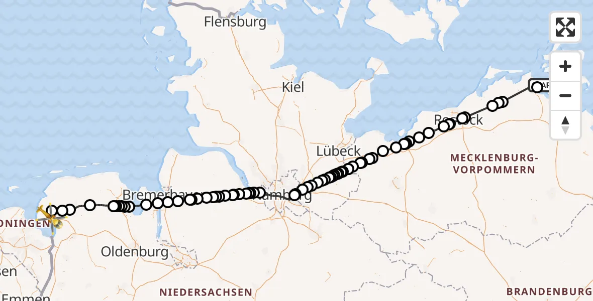 Flugroute Ambulanzhubschrauber Altefähr - Hinte, 23 Mai 2026, 12:53