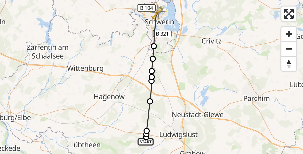 Flugroute Rettungshubschrauber Göhlen - Schwerin, 23 Mai 2026, 12:56
